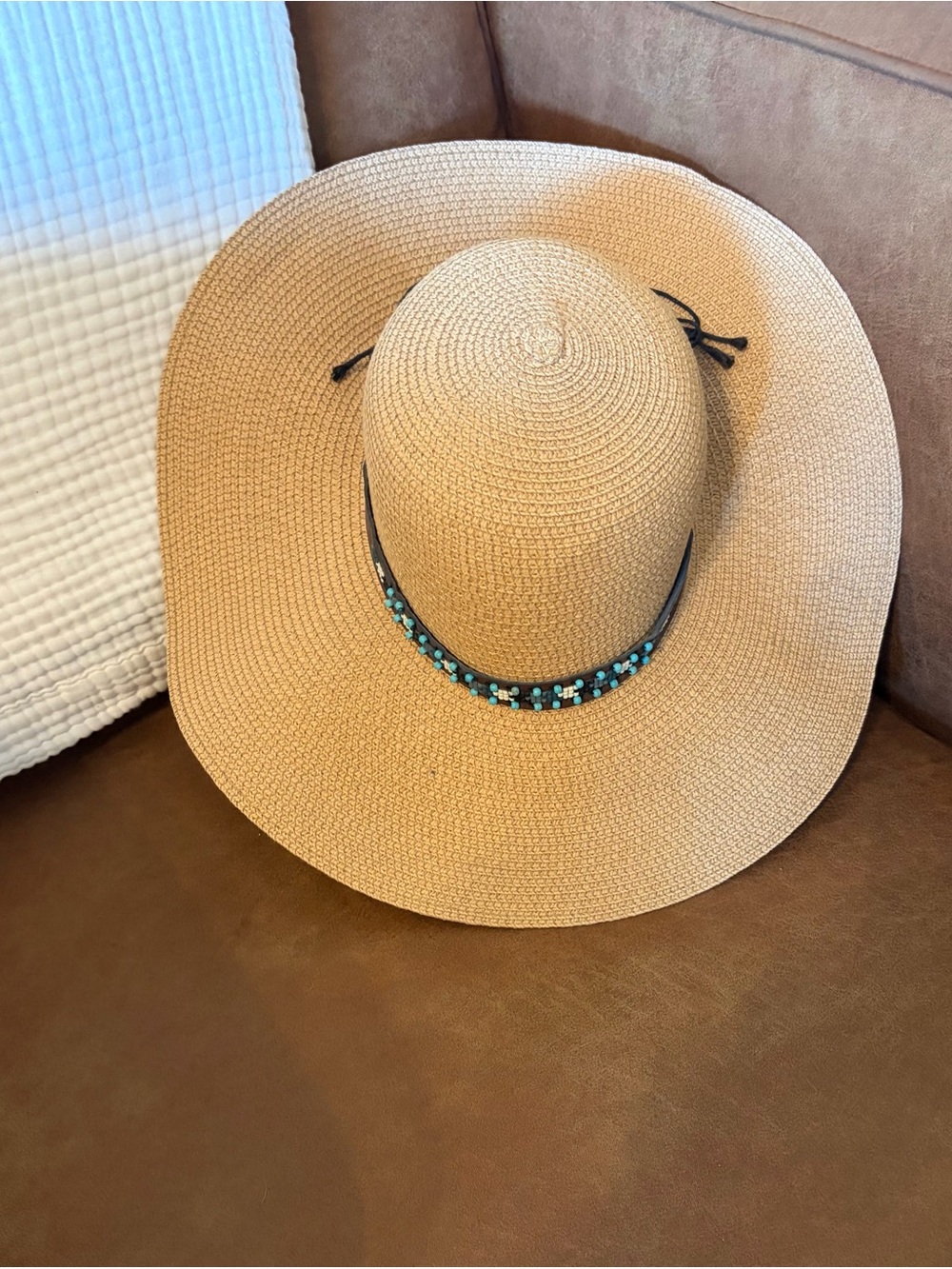 Wide Brim Sun Hat with Turquoise Beaded Band